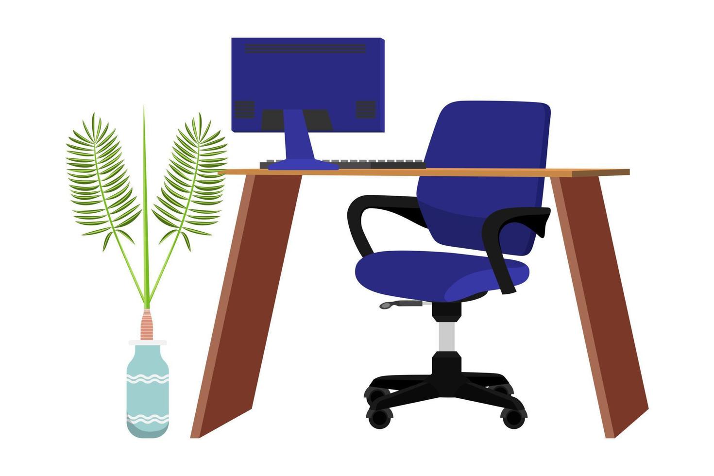 schattig mooi bureau voor freelancer en thuiskantoor met stoel tafel pc computer bestandsmap wat papierstapel en met planten vector