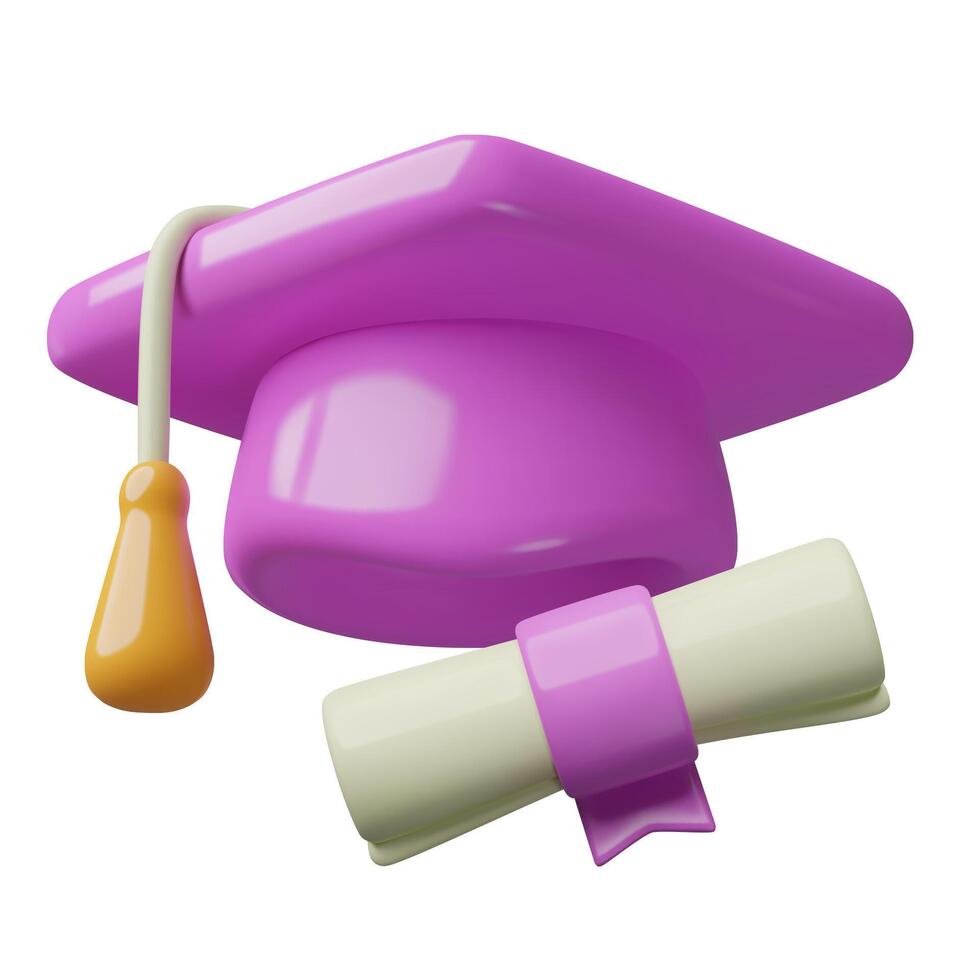 Purper diploma uitreiking pet en diploma rol 3d icoon drie dimensionaal onderwijs vector illustratie.