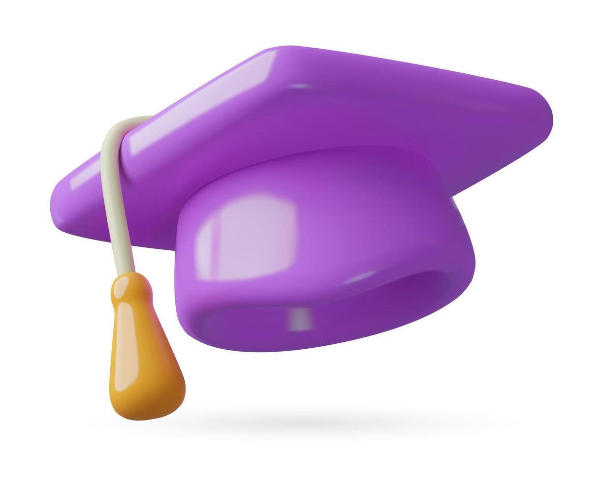 Purper diploma uitreiking pet 3d icoon drie dimensionaal leerling baret hoed vector illustratie