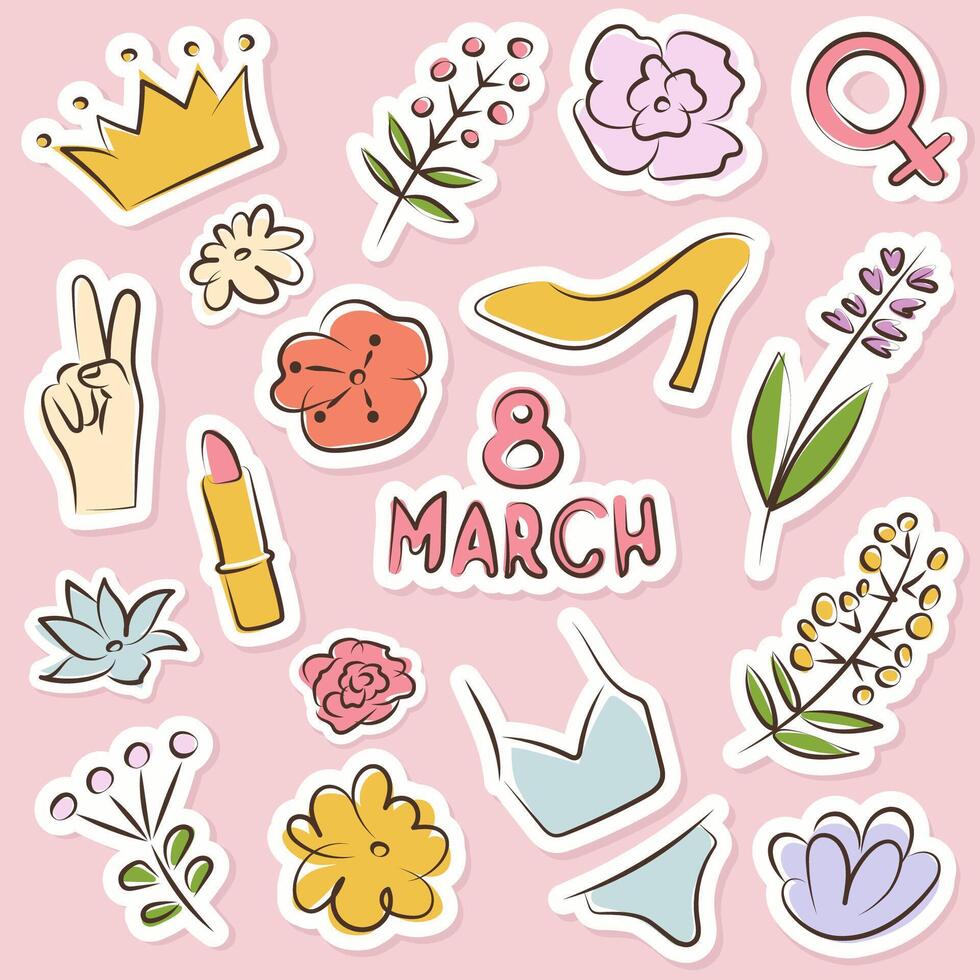 Internationale vrouwen dag. 8 maart. sticker pak vector