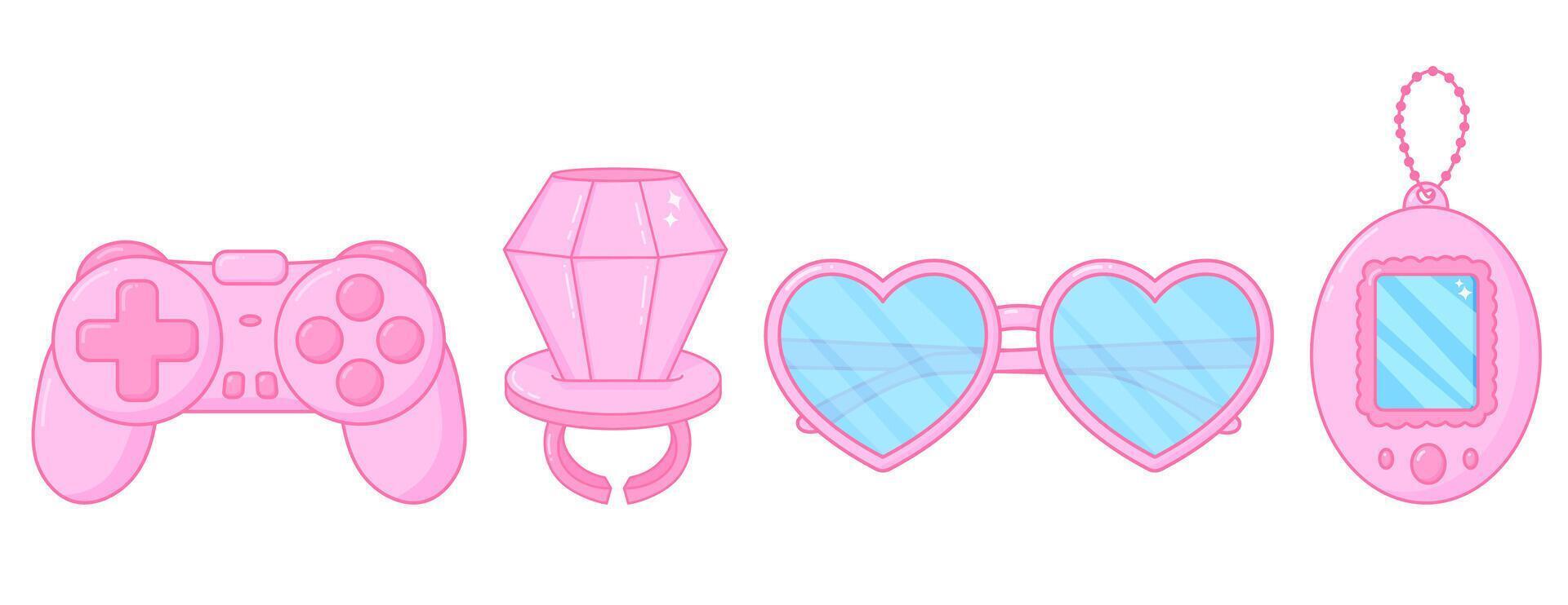 schattig meisjesachtig set. roze tiener- stijl. kawaii glamour. nostalgie stijlvol. hartvormig bril, plastic lolly ring, tamagotchi, gamepad. vector