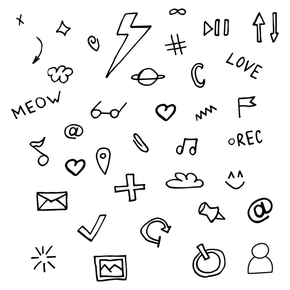 vector lijntekeningen doodle cartoon set objecten en symbolen op het thema van de sociale media