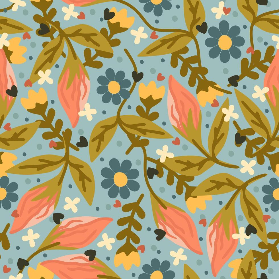 vector naadloos bloemen decoratief patroon met abstract bloemen en harten Aan blauw achtergrond