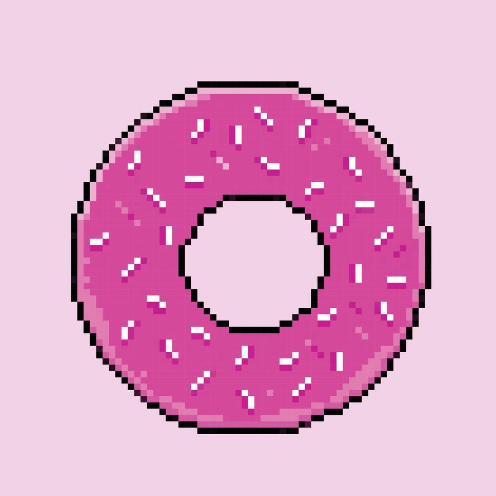 roze suikerachtig zoet aardbei donut met hagelslag. pixel beetje retro spel gestileerd vector illustratie tekening. gemakkelijk vlak tekenfilm tekening geïsoleerd Aan plein achtergrond.