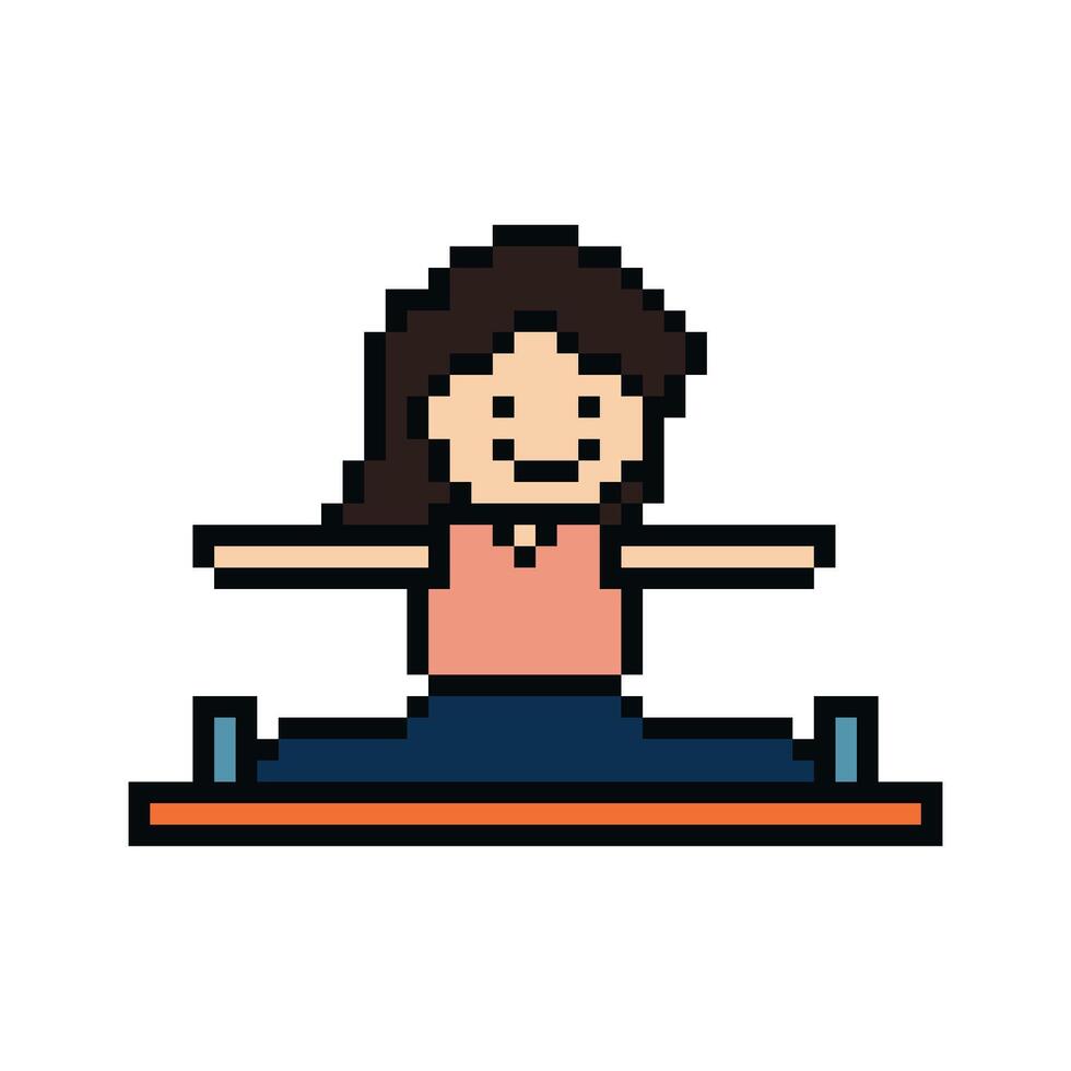 schattig pixel tekenfilm 8 bit karakter vrouw aëroob yoga opdrachten opleiding levensstijl vector voor decoratie leven stijl 8 beetje vrouw meisje oefening Sportschool yoga geschiktheid warm spel vector.