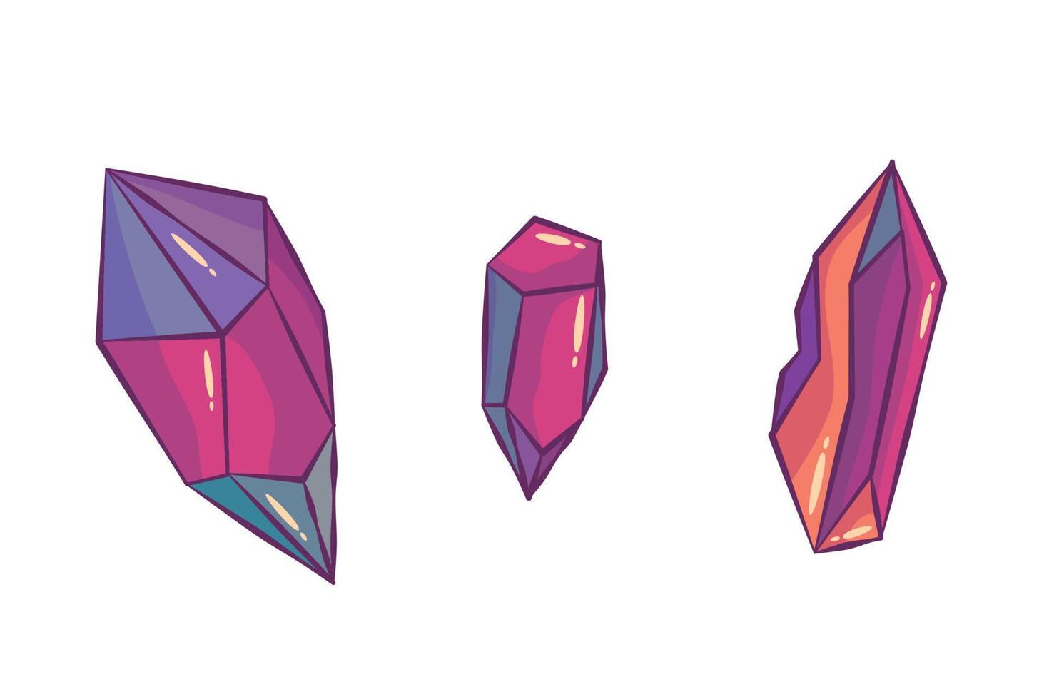 magie Kristallen vector reeks geïsoleerd. meetkundig edelsteen stenen rots in tekenfilm spel stijl. illustratie van gemengd mineralen veelhoek