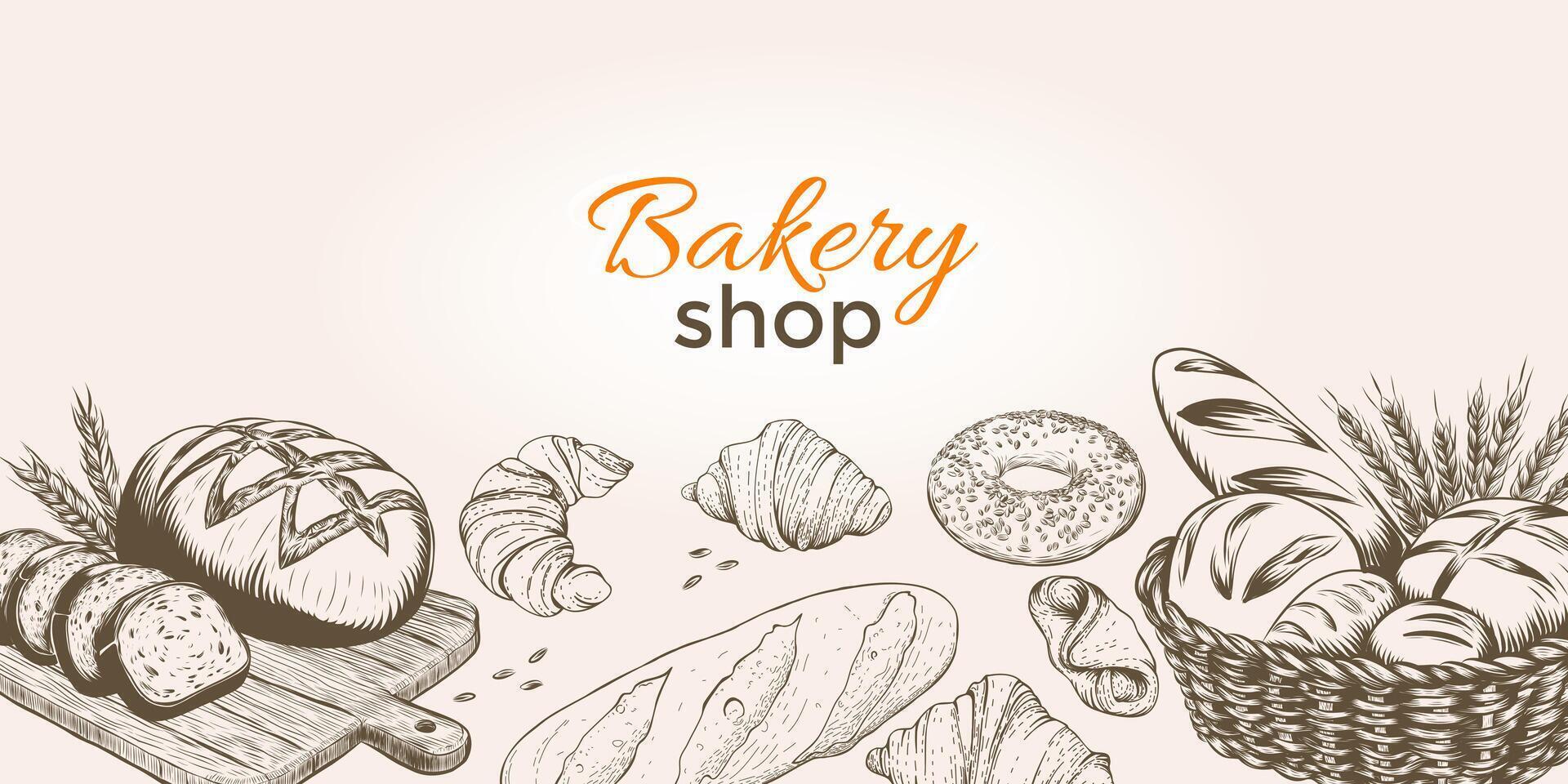 wijnoogst bakkerij banners met geschetst brood en gebakje vector set. voor bakken, bakkerij winkel, Koken, zoet producten, nagerecht, gebakje. vector illustratie voor poster, banier, omslag, folder, menu,