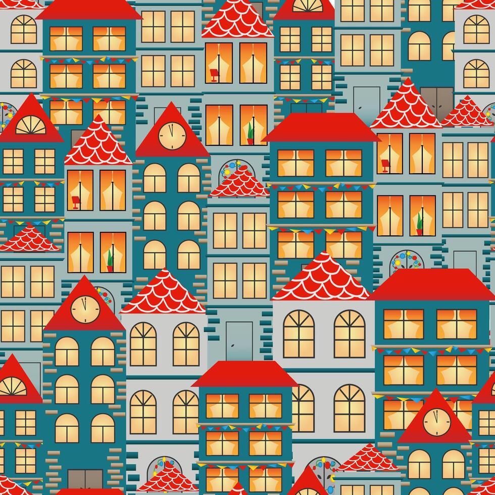 naadloos patroon met hand- getrokken stad. veel schattig verschillend huizen met rood dak. ontwerp voor kleding stof, verpakking papier, omslag, banier, poster. vector