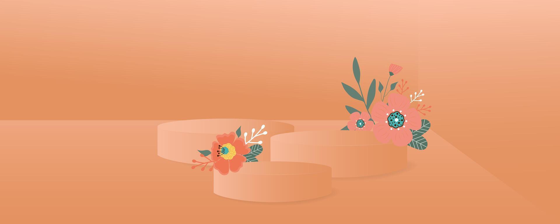 abstract achtergrond in modieus kleur 2024 abrikoos verpletteren met bloemen en drie staat podium, voetstuk. vector