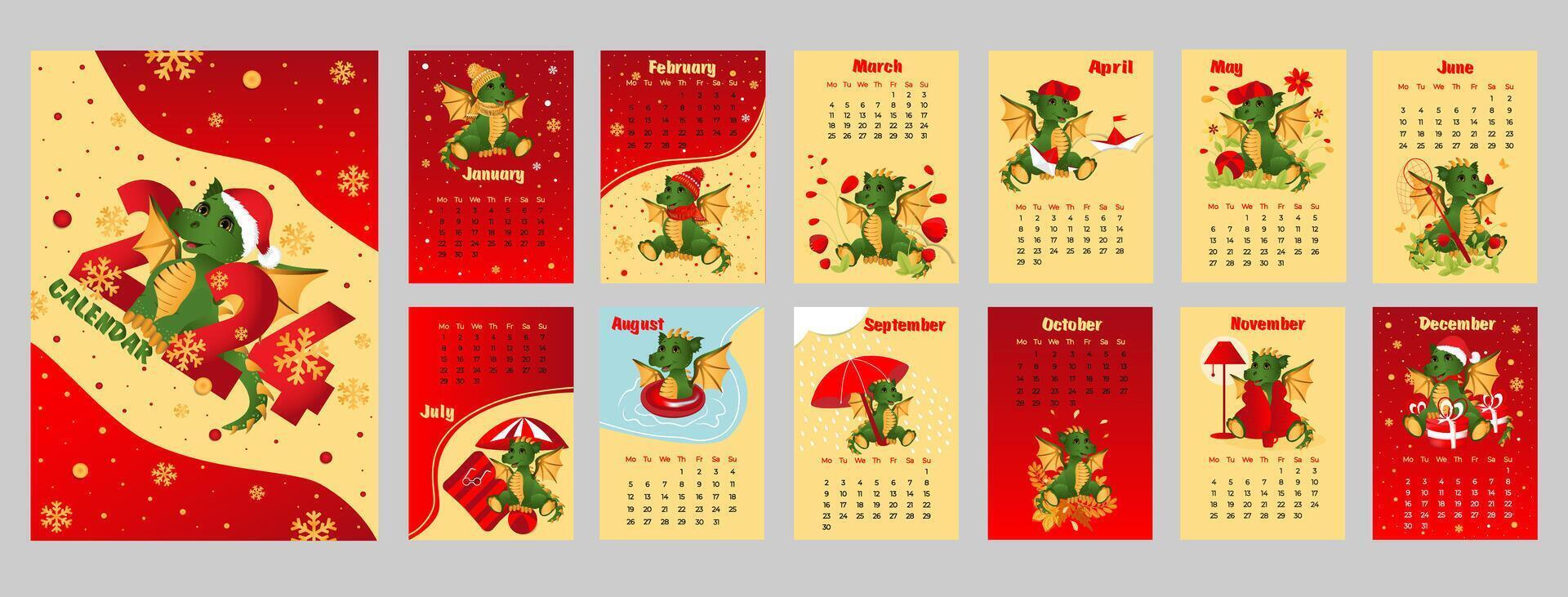 kalender 2024 met symbool van de jaar draak. schattig weinig draak in tekenfilm stijl. week begint Aan maandag. vector
