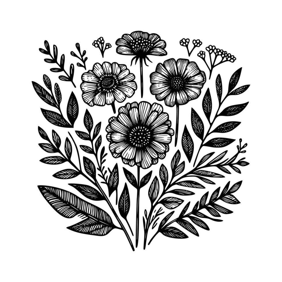 zwart en wit bloemen hand- getrokken vector illustratie geïsoleerd wit achtergrond