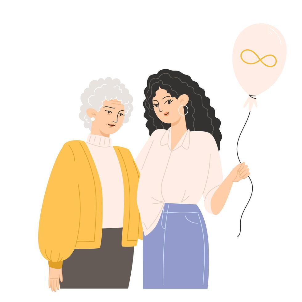 een ouderen vrouw en een jong vrouw zijn knuffelen en Holding een ballon met een gouden oneindigheid symbool voor autisme bewustzijn dag vector