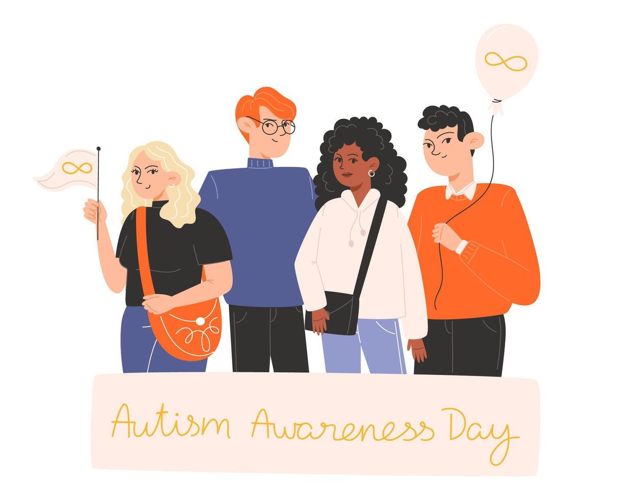 groep van mensen staand samen met posters en symbolen van autisme bewustzijn dag vector