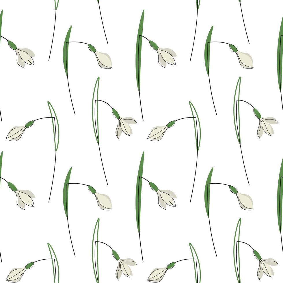 sneeuwklokjes bloemen voorjaar naadloos patroon herhalen achtergrond hand- getrokken vlak vector illustratie. structuur ornament met glade Woud bloem planten voor omhulsel banier folder kaart afdrukken papier textiel