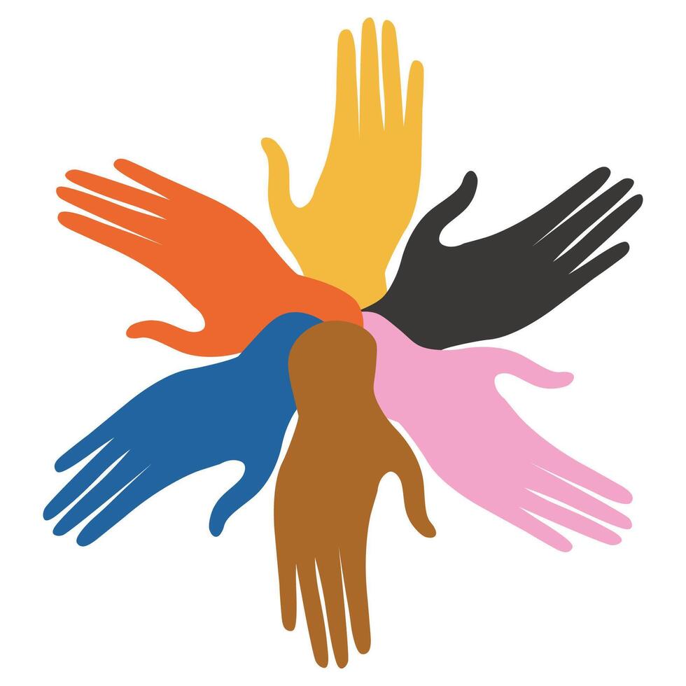 stemmen handen hand- getrokken verschillend Verenigde races tekenfilm vlak vector illustratie. ontwerp achtergrond met palmen handen symbool strijd, keuze, feminisme, vriendschap, solidariteit gemeenschap, vrede, bedrijf