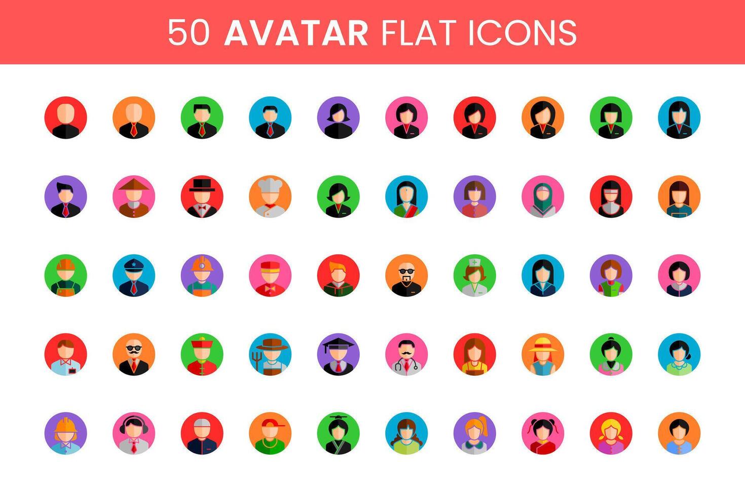 50 groot reeks gebruiker avatar vlak pictogrammen vol kleuren gemakkelijk vector perfect illustraties. mensen en karakter bedrijf. mannetje en vrouw gezichten. mannen en Dames beroepen.