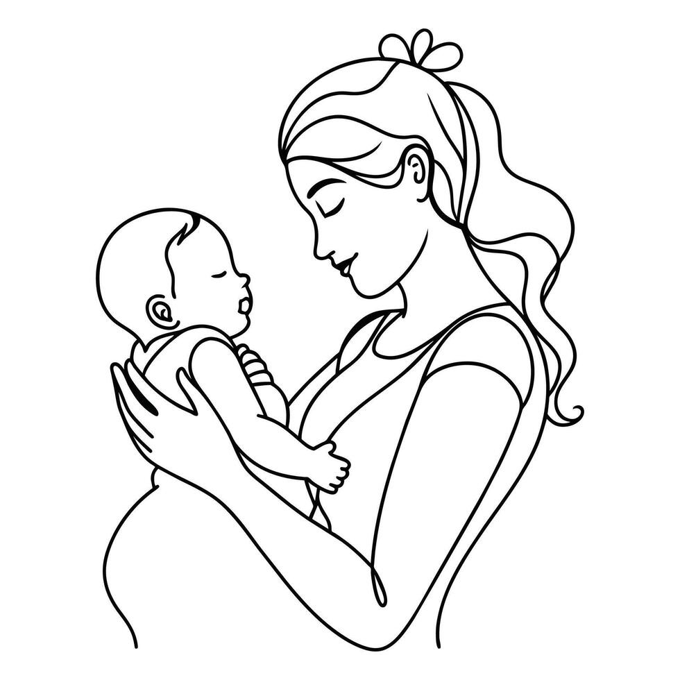 moeder zorgzaam har baby doorlopend lijn kunst tekening vector
