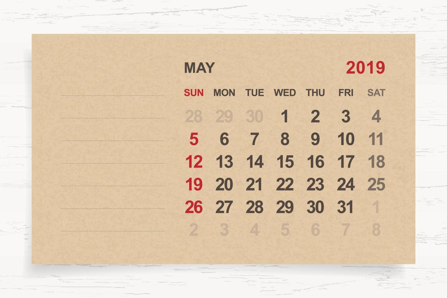 mei 2019 - maandelijkse kalender op bruin papier en hout achtergrond met ruimte voor notitie. vector. vector