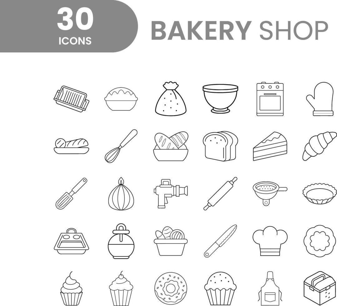 bakkerij winkel lijn pictogrammen set, vector illustratie