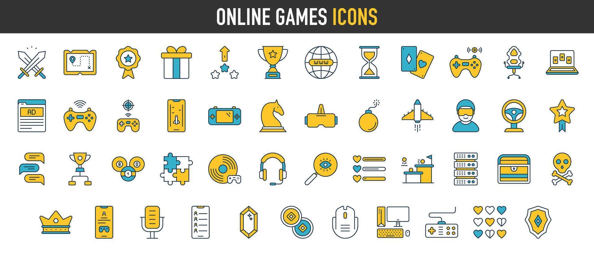 online spel pictogrammen. zo net zo video spellen, gamen, technologie, apparaatje, esport. vector illustratie.