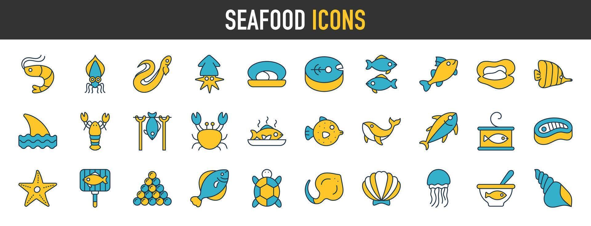 zeevruchten elementen dun web icoon reeks vector illustratie. bevat zo pictogrammen net zo garnaal, oester, inktvis, krab en meer.