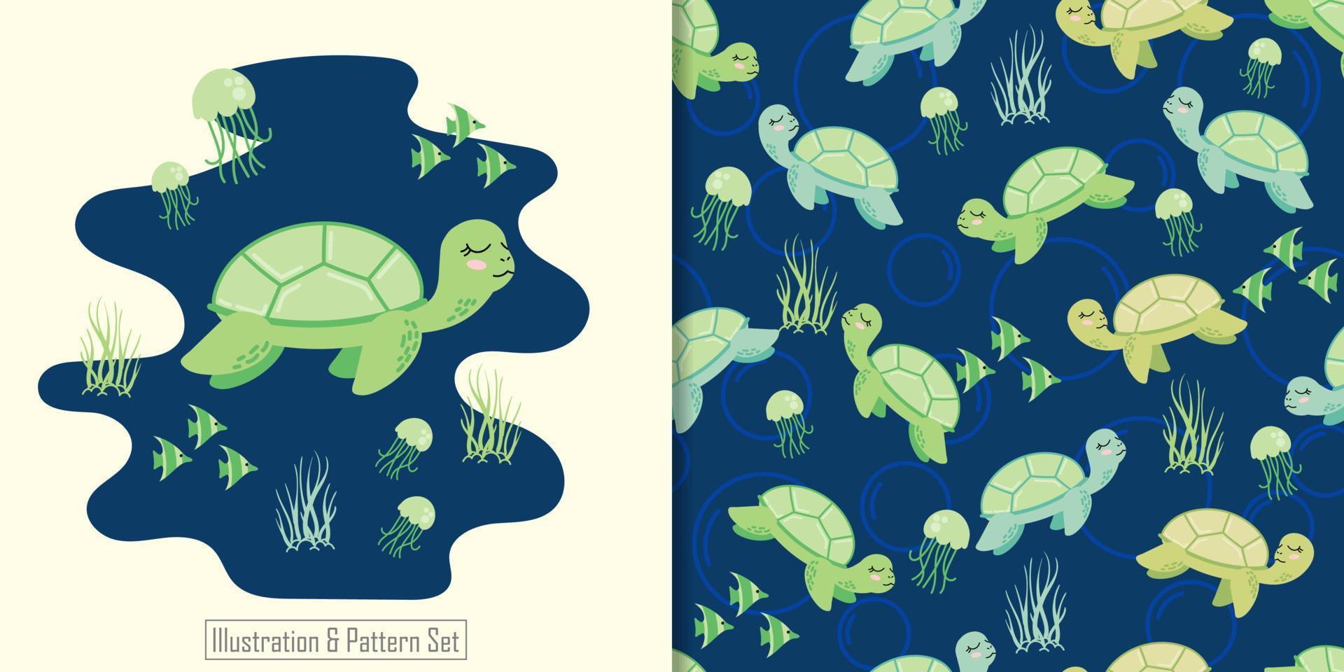 schattig schildpad naadloos patroon met illustratie cartoon baby shower card vector