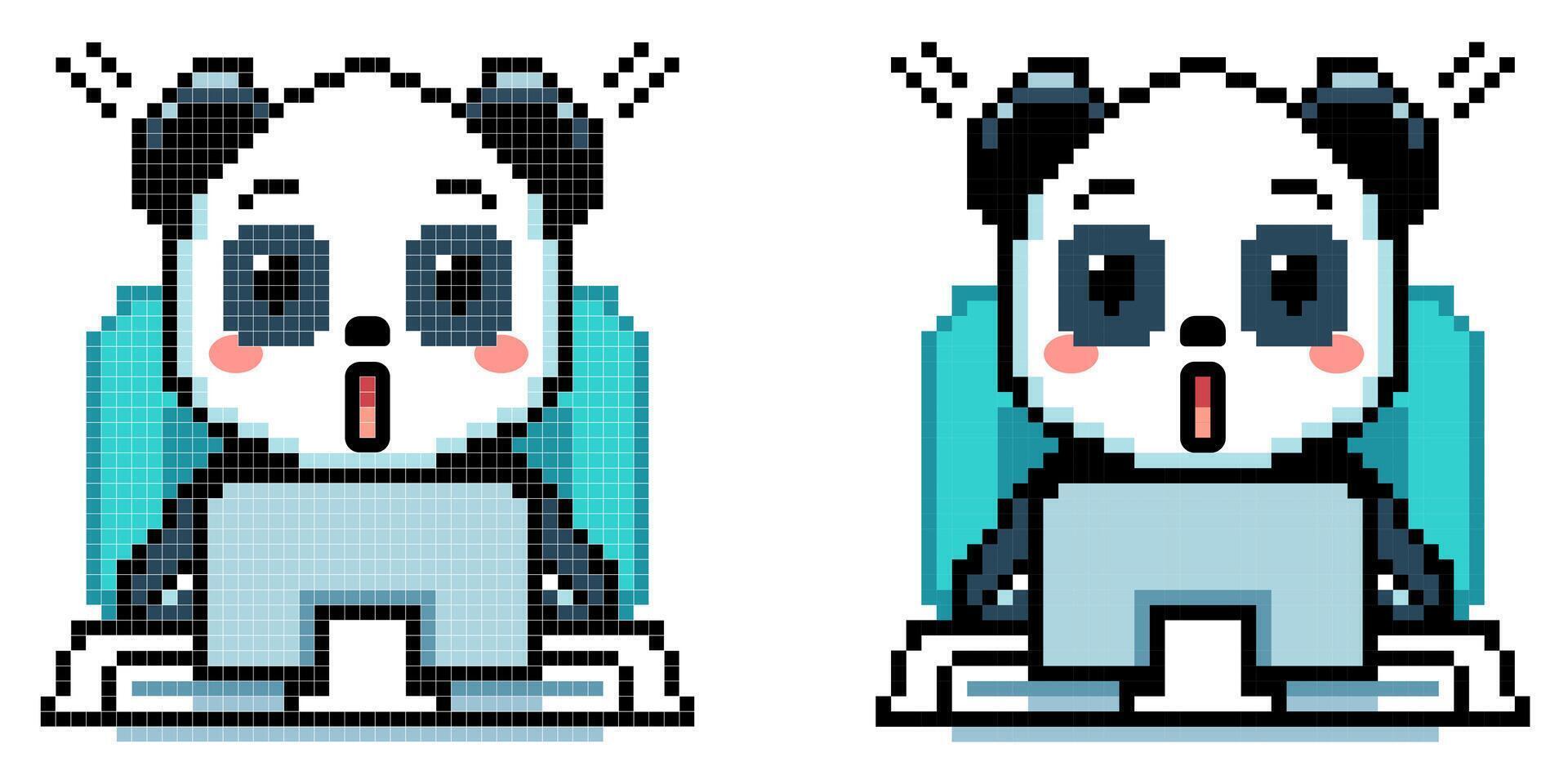 pixel kunst vector icoon met panda typen Aan computer met verrast kijken Aan wit achtergrond