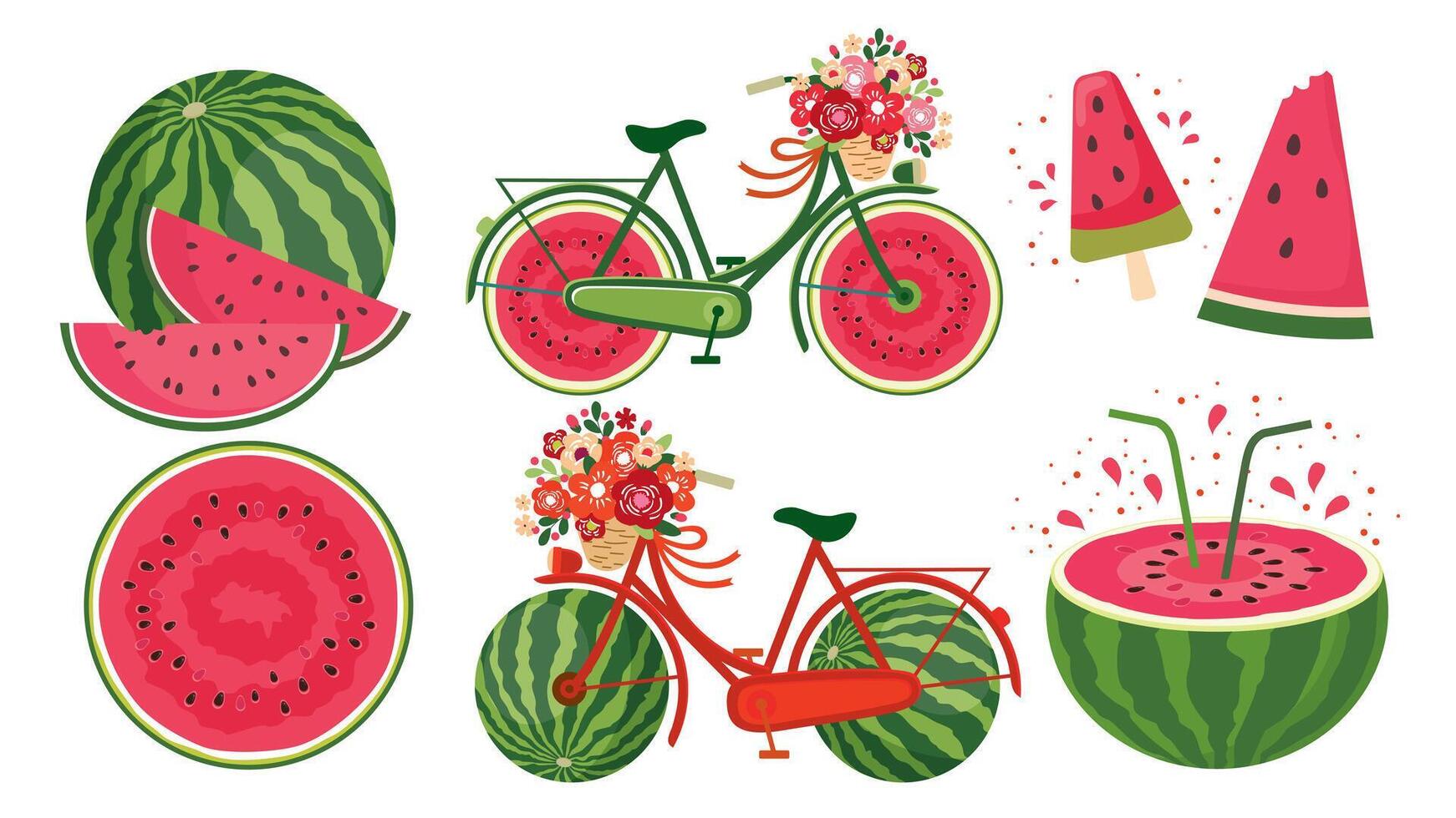 een reeks van sappig illustraties met watermeloenen en een fiets. een geheel watermeloen, plakjes, ijs room, een fiets Aan watermeloen wielen en meer. geïllustreerd vector clip art.