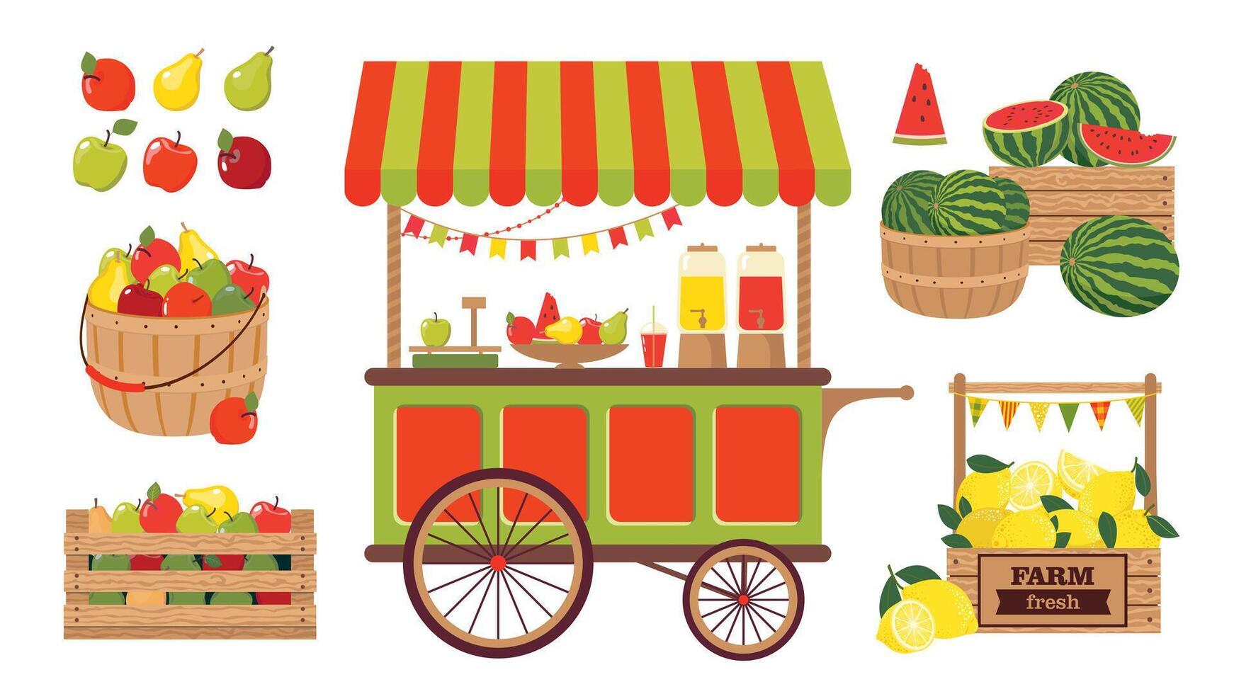 een reeks van illustraties van boerderij groenten, fruit en een straat boodschappen doen kar. een boer kraam met lokaal voedsel. watermeloenen, appels, citroenen in de assortiment. vector clip art.