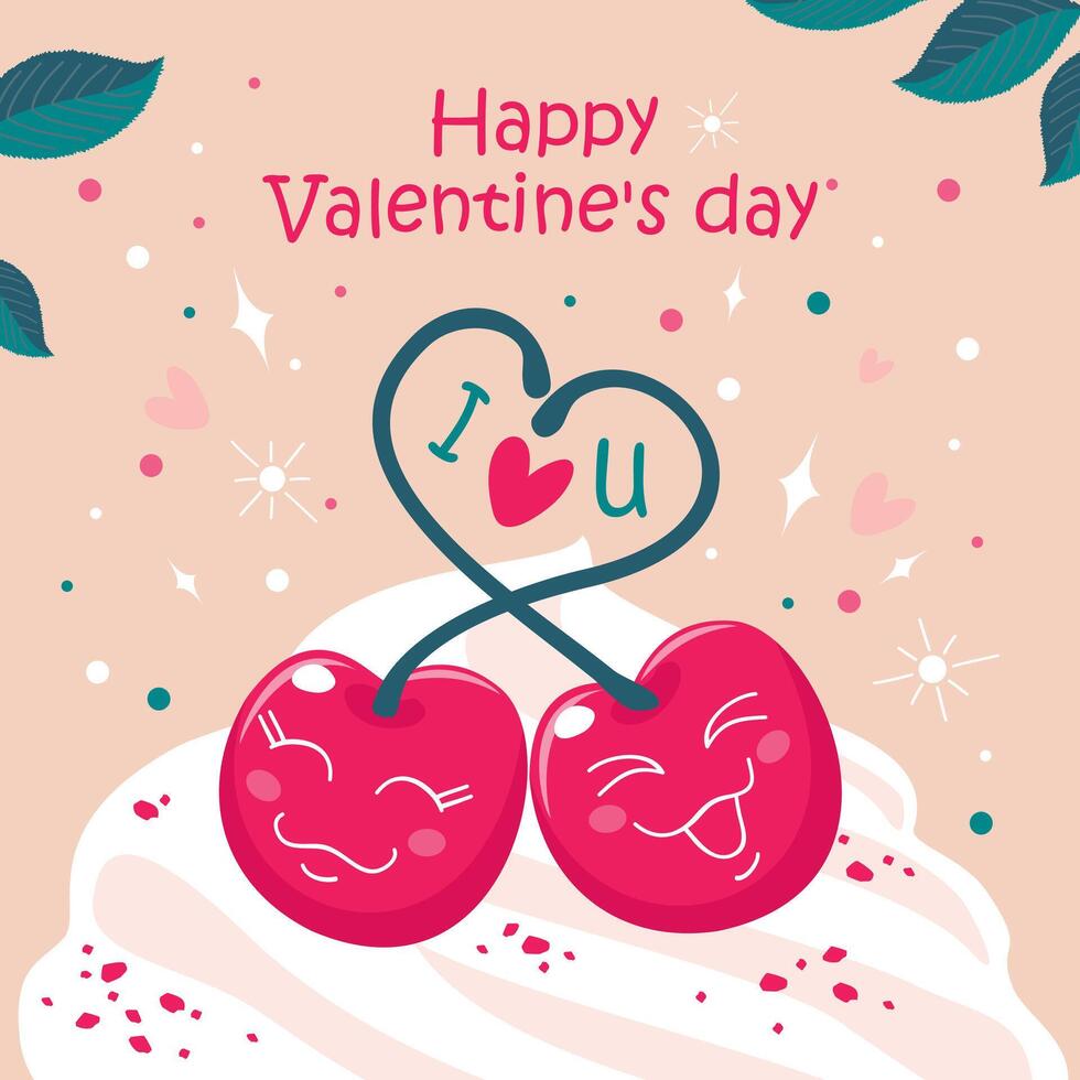 een groet kaart met twee kersen in liefde en de opschrift gelukkig Valentijnsdag dag. een liefhebbend paar van lachend kersen. geïllustreerd vector clip art.