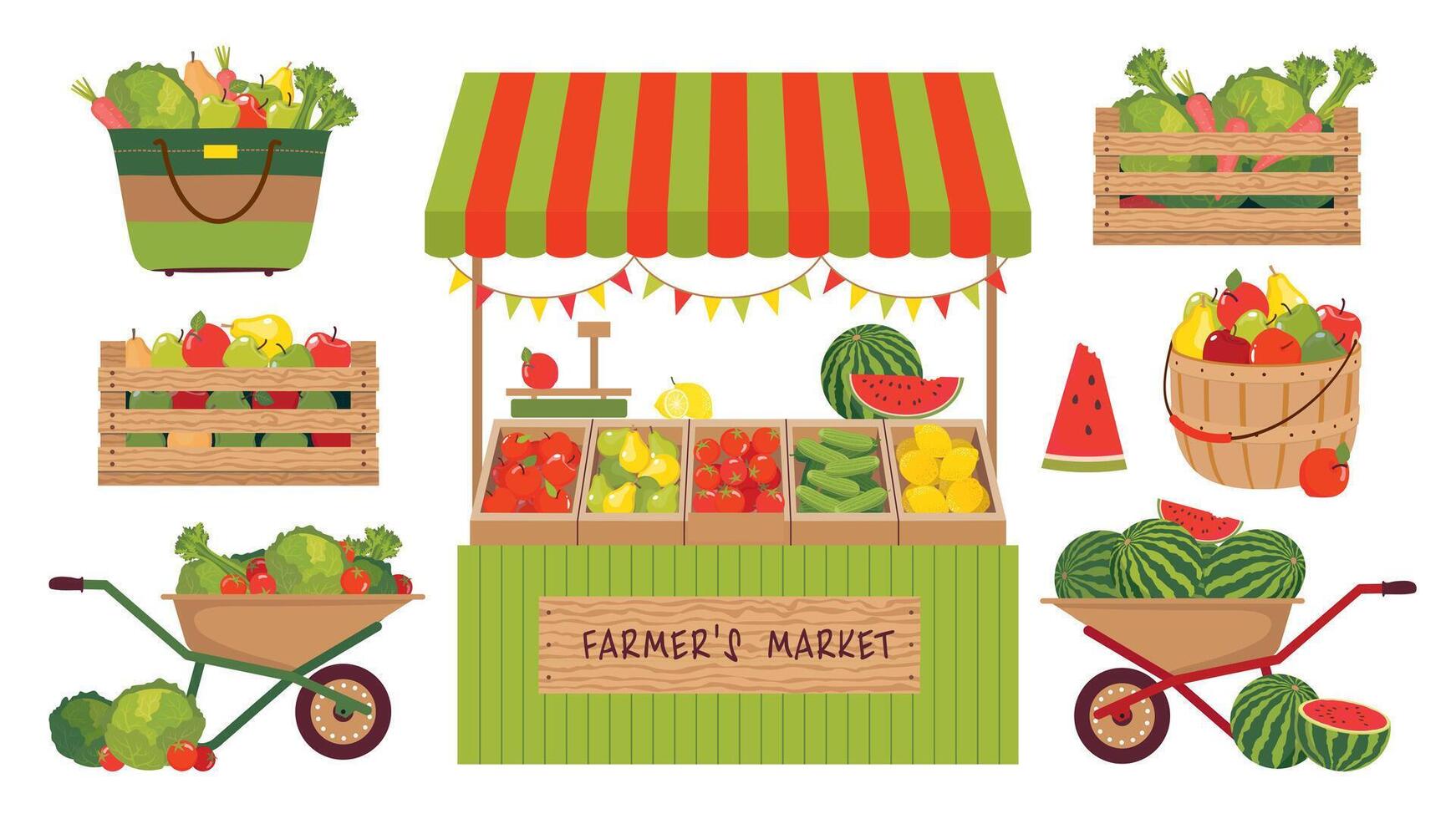 een reeks van illustraties van boerderij groenten, fruit en een boodschappen doen kraam. een boerderij kar met lokaal voedsel. watermeloenen, appels, citroenen in de boer markt. vector clip art.