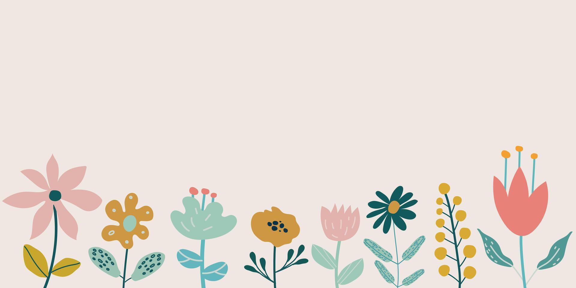 voorjaar achtergrond met bloemen de rand en plaats voor tekst. horizontaal grens. vector illustratie van wilde bloemen in tekenfilm stijl. sjabloon voor kaarten, uitnodigingen, publicaties Aan sociaal netwerken.