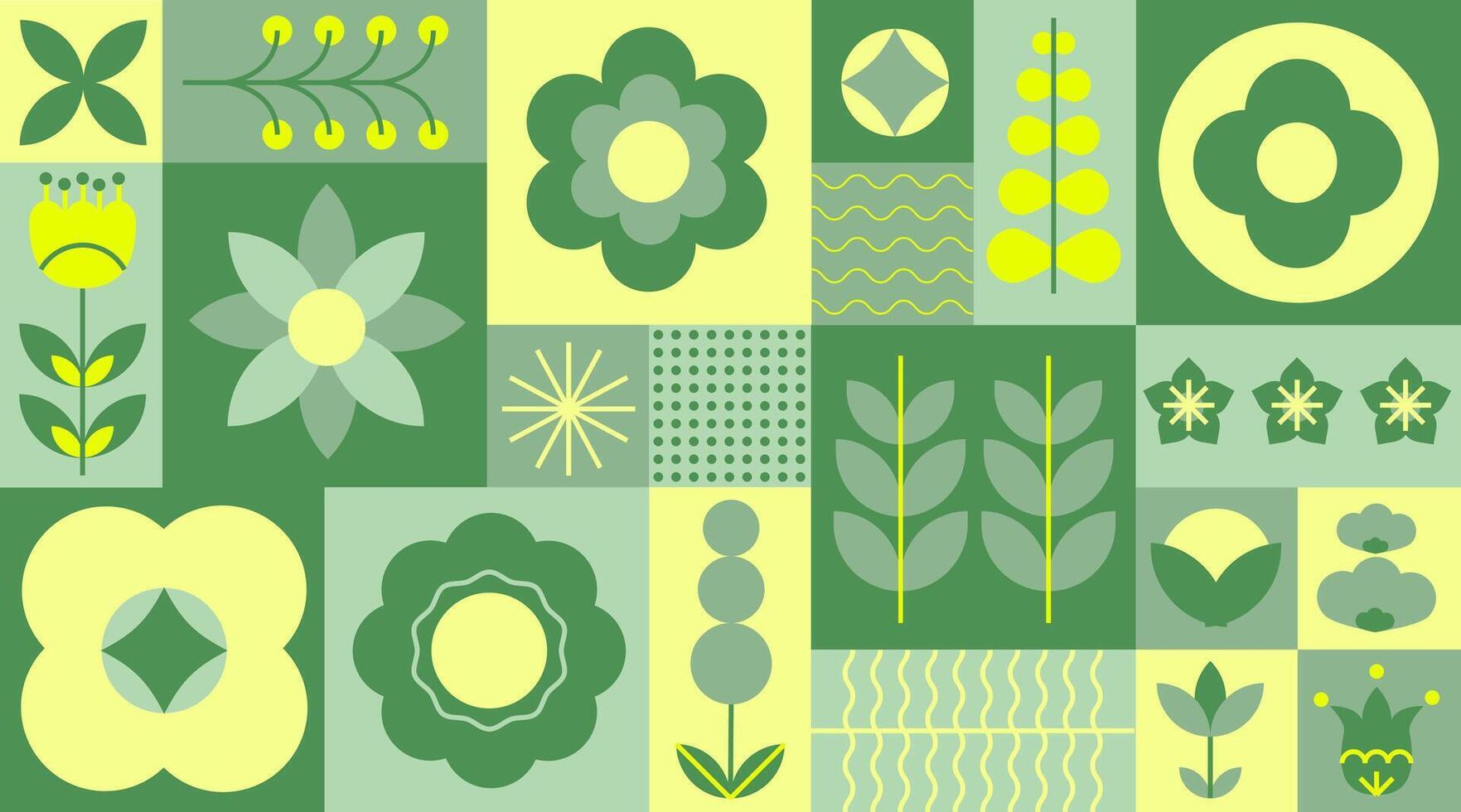 meetkundig naadloos bloemen eco patroon in groen palet. mozaïek- achtergrond met bloemen, planten en gemakkelijk vormen in bauhaus stijl. natuurlijk bloem plant, abstract eco concept. vector minimaal banier