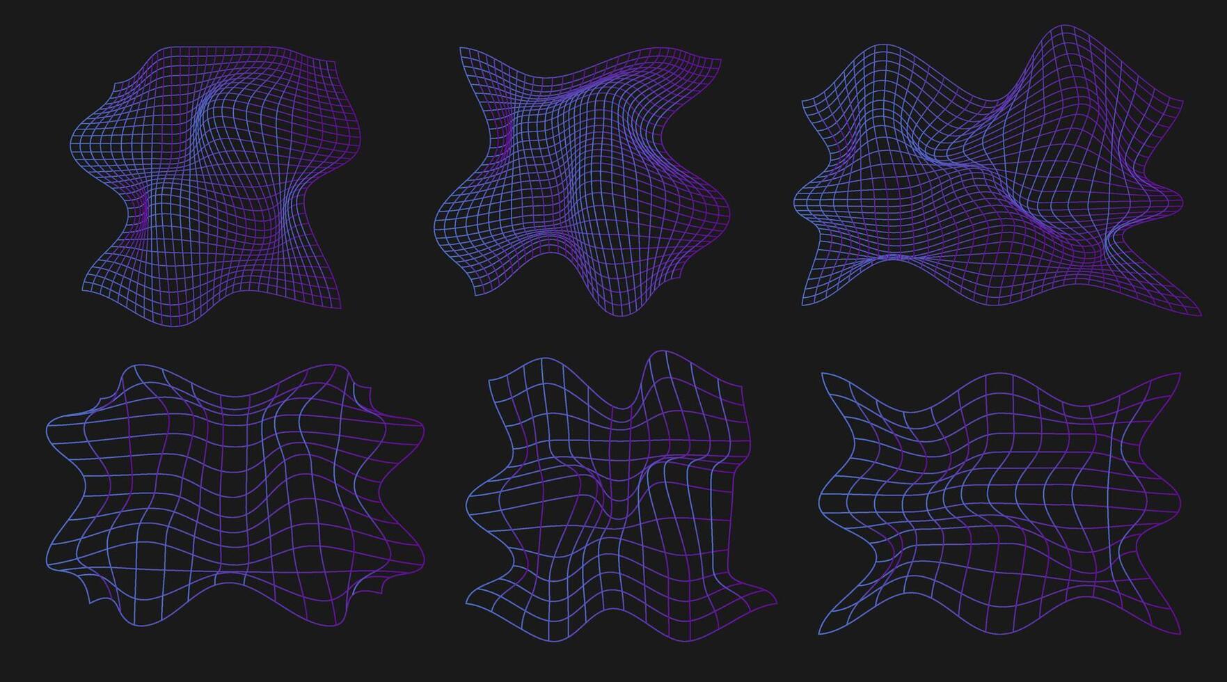 geometrie wireframe vormen en roosters in neon Purper verloop. 80s cyberpunk lijn elementen vector set. y2k retro futuristische stijlvol.