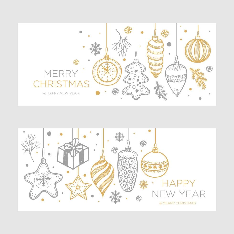 kerstmis een nieuw jaar handgetekende retro banner set met ballen, speelgoed en sneeuwvlokken, voor xmas design in goud en zilver retro stijl. vectorillustratie op witte achtergrond. vector