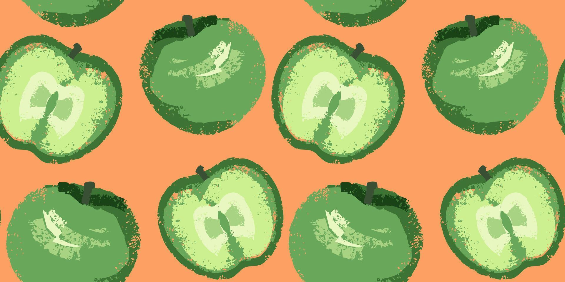 abstract gestileerde vormen appels en appel plakjes naadloos patroon. vector hand- tekening schetsen. groen creatief appels getextureerde gevormde Aan een oranje achtergrond. sjabloon voor ontwerp, het drukken