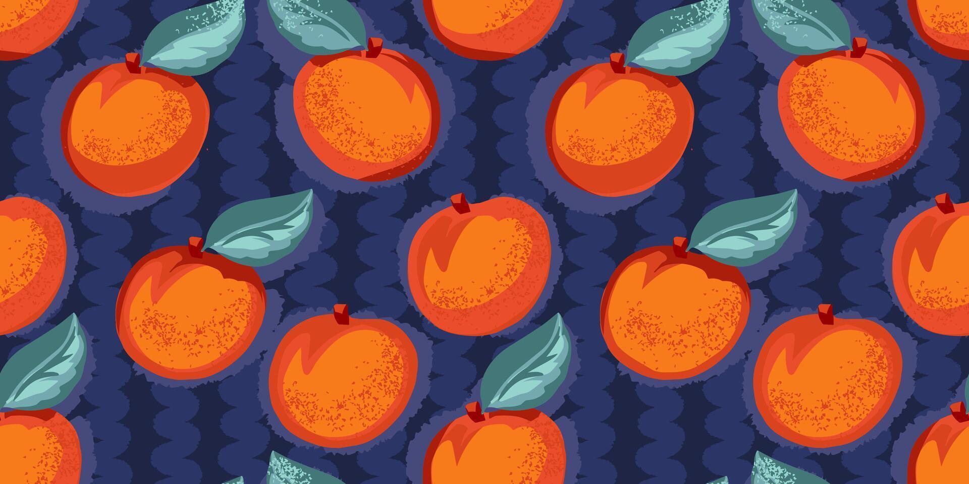 abstract gestileerde oranje abrikoos of perzik met bladeren naadloos patroon. vector hand- getrokken schetsen. helder illustratie fruit gevormde of donker blauw gestreept achtergrond. sjabloon voor ontwerp, het drukken