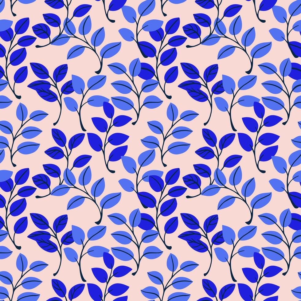 helder blauw klein takken bladeren met elkaar verweven in een naadloos patroon Aan een beige achtergrond. vector hand- getrokken kleurrijk tekening. creatief gestileerde klein blad stengels afdrukken. sjabloon voor ontwerp, kleding stof
