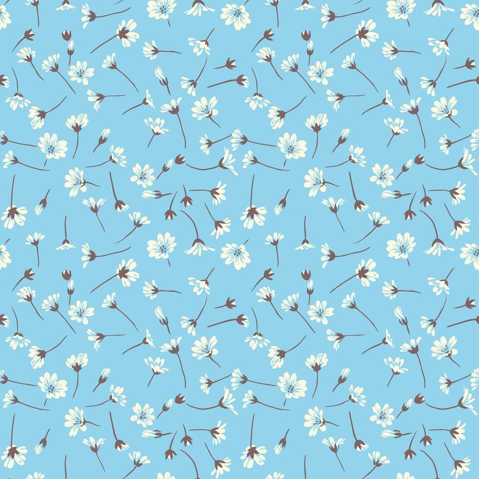 licht, schattig, klein, ditsy bloemen patroon. naadloos klein wit bloemen veld- Aan een blauw achtergrond. vector hand- getrokken schetsen. sjabloon voor ontwerp, mode, kleding stof, afdrukken, textiel, behang