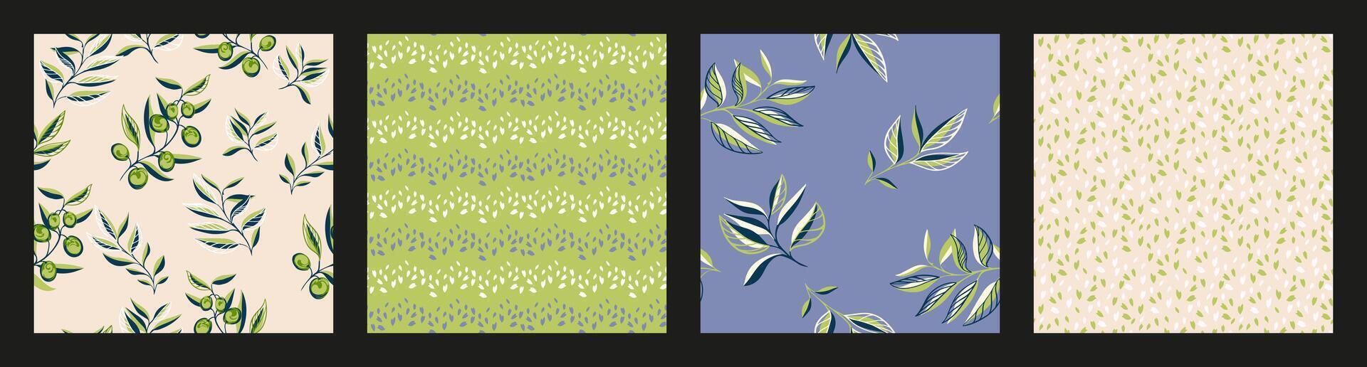 groen blauw collage van reeks naadloos patronen met creatief gemakkelijk olijf- takken, abstract bessen, bladeren, willekeurig druppels, vlekken, polka stippen.vector hand- getrokken schets.sjablonen voor ontwerp, het drukken vector