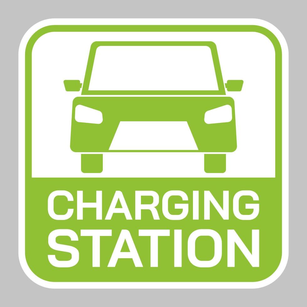 teken, logo, elektrisch auto parkeren station voor opladen batterijen, vector illustratie.