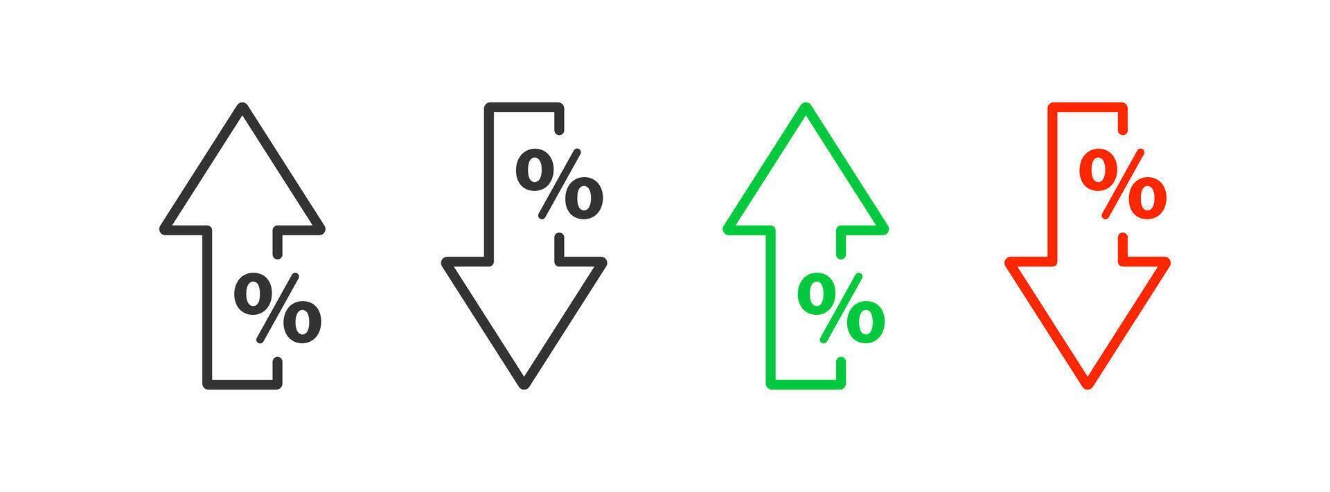procent groei icoon. percentage pijl omhoog en naar beneden symbool. korting prijs toenemen, kleiner worden. vector illustratie.