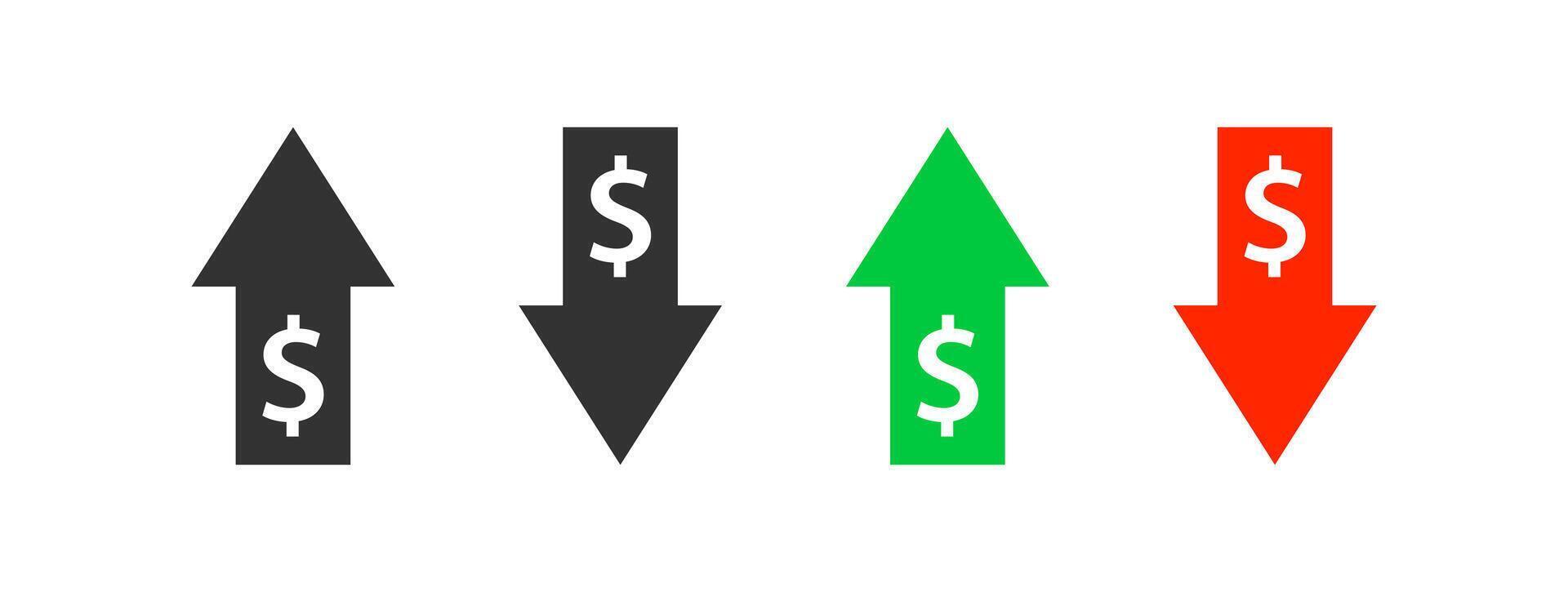 dollar diagram omhoog en omlaag. geld kosten pijl groei, afwijzen. valuta investering. markt prijs. financiën aandelenbeurs. vector illustratie.