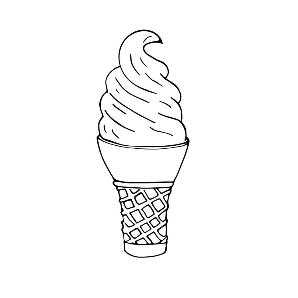 hand getekend ijs room ijshoorntje illustratie. nagerecht, snoepgoed, menu ontwerp, restaurant, winkel. vector illustratie in tekening stijl geïsoleerd Aan wit achtergrond.