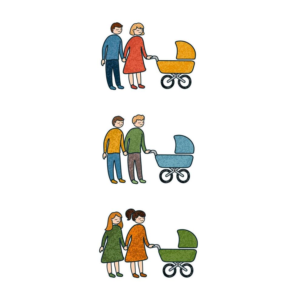 vector kleurrijk illustratie reeks van verschillend familie met pasgeboren baby in wandelwagen geïsoleerd Aan wit achtergrond