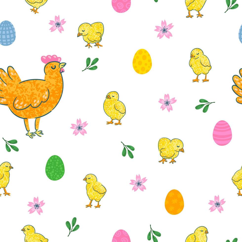 vector kleurrijk naadloos achtergrond met illustraties van Pasen eieren, kip, bloemen en planten