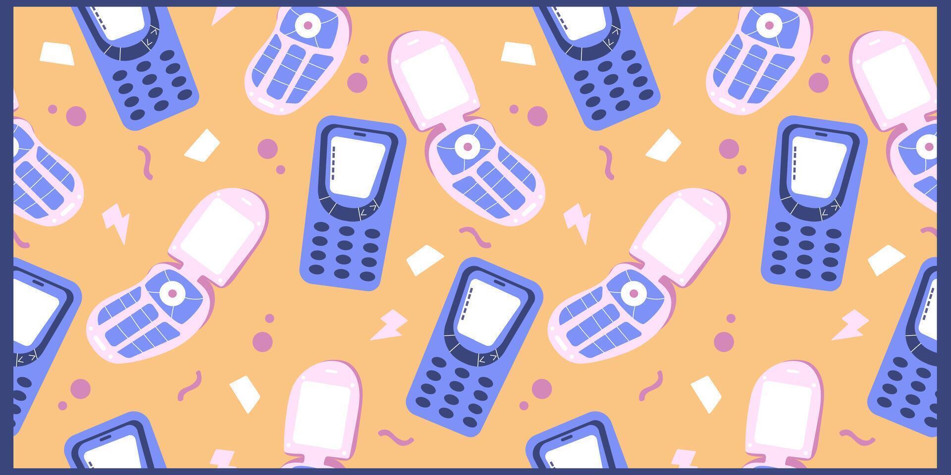 hand- getrokken naadloos patroon met retro mobiel telefoons. kleurrijk vector ontwerp.