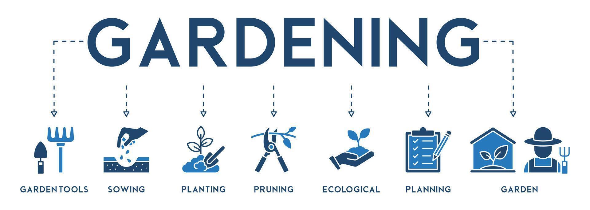 tuinieren pictogrammen reeks en ontwerp elementen vector illustratie met de icoon van tuin hulpmiddelen, zaaien, planten, snoeien, ecologisch, planning en tuin