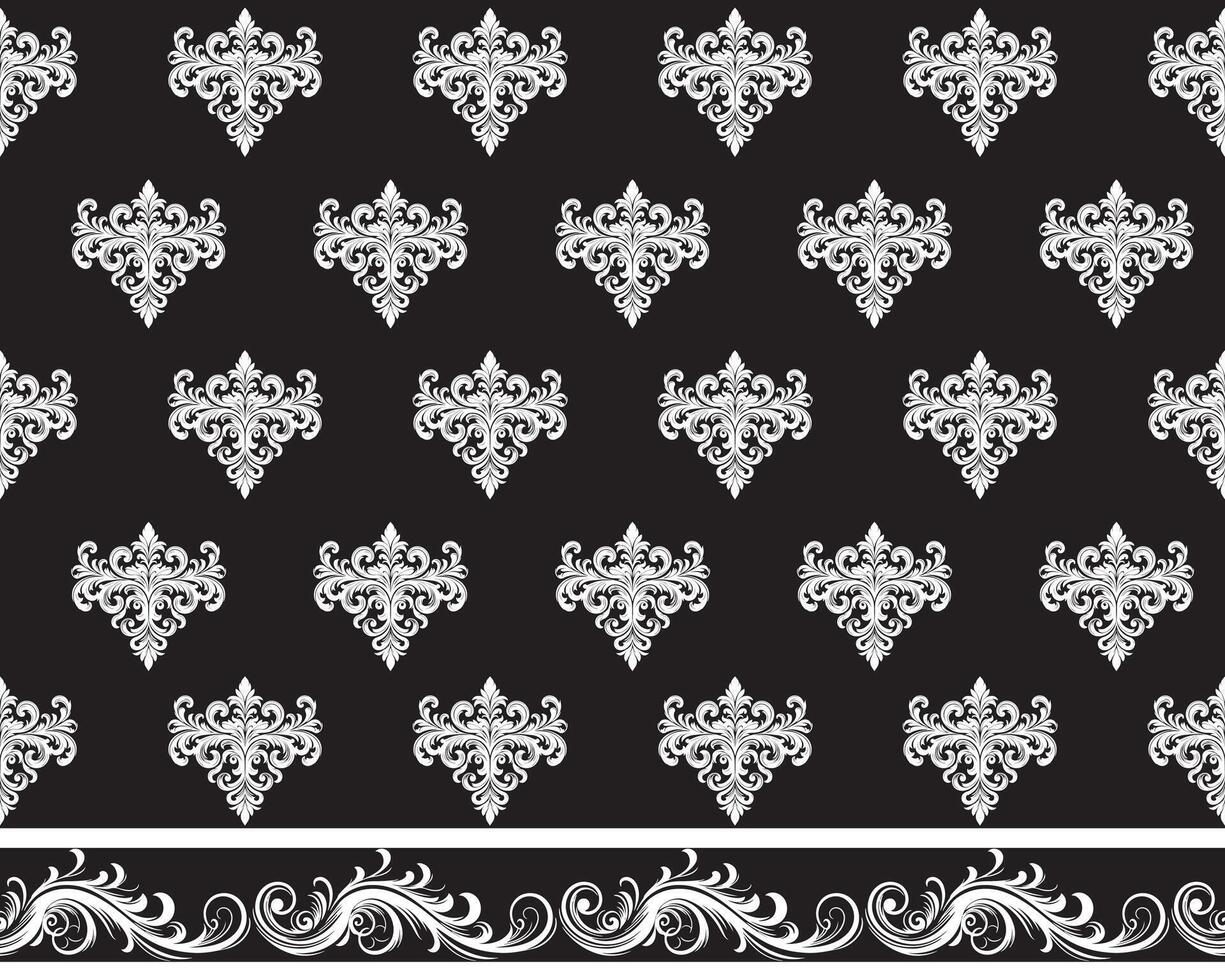 damast kleding stof textiel naadloos patroon luxe decoratief sier- wit bloemen wijnoogst decoratie zwart achtergrond. gordijn, tapijt, behang, kleding, inpakken, textiel vector