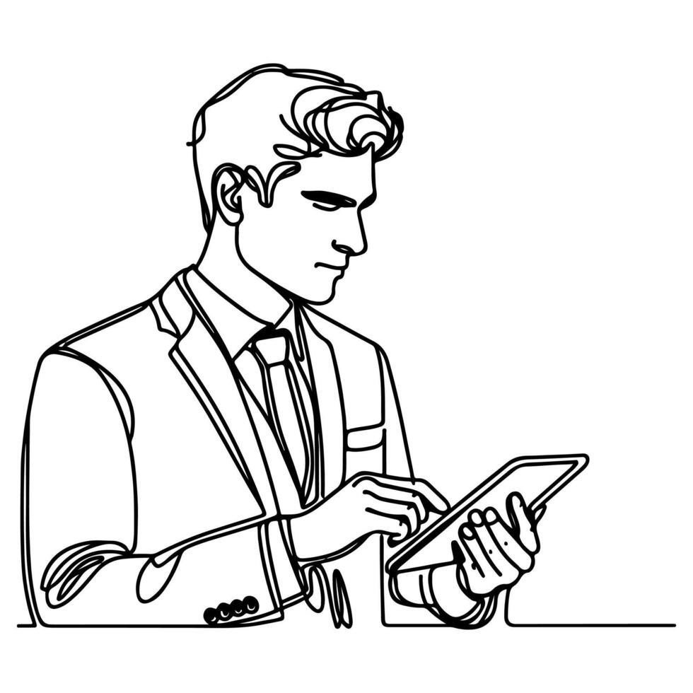 bedrijf Mens hand- Holding modern slim telefoon model. doorlopend zwart single lijnen tekening kunst icoon. vinger aanraken blanco scherm transparant achtergrond vector